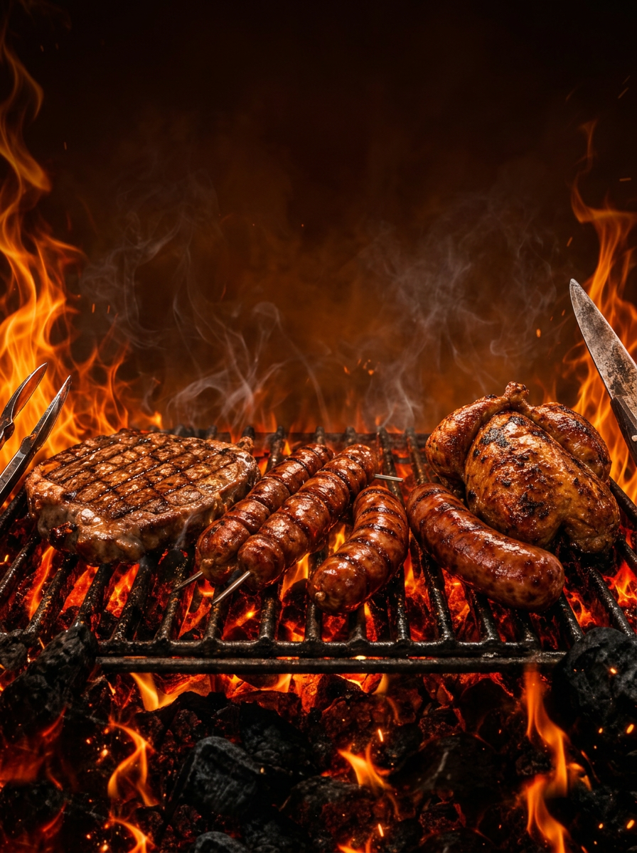 Carnes na churrasqueira: picanha, linguiça e frango sobre a brasa