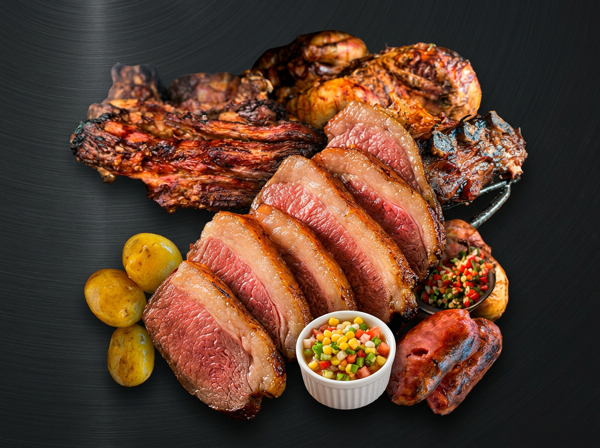 Combinado de carnes na brasa: costela, picanha fatiada, frango, linguiça, batatas e vinagrete